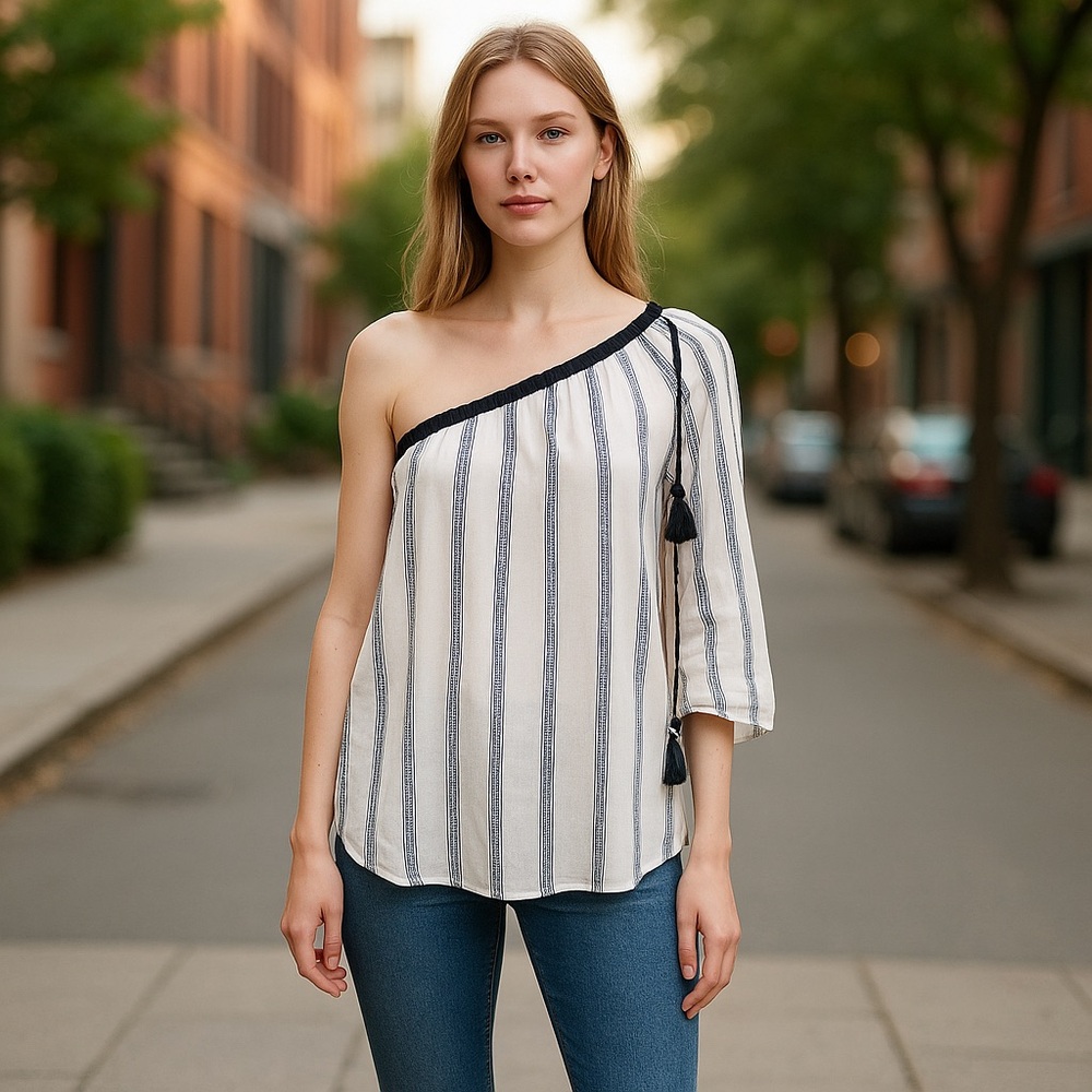 Melissa Nepton Coastal Boho Mediterranean One Shoulder Blouse Sz-M Vacation - Picture 2 of 9